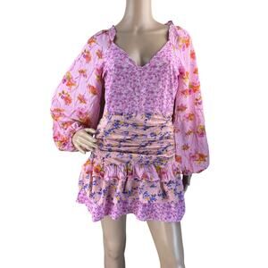 New For Love Bell Pink Floral Ruffled V-Neck Long Sleeve Boho Mini Dress Size S